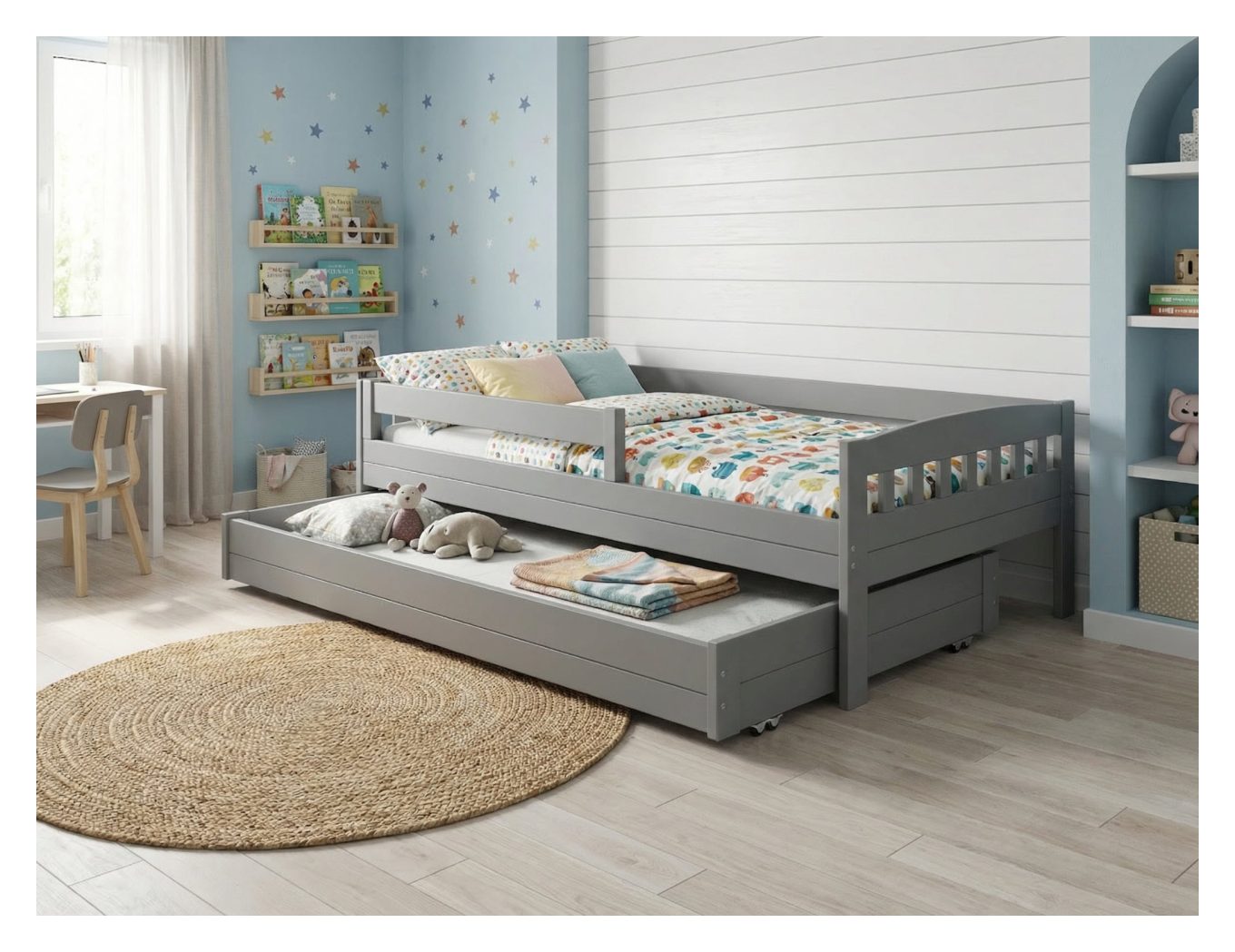 Lastevoodi 90x200 madratsile tumehall lisavoodiga sahtel ratastel välja tõmmatav voodi kahele lapsele